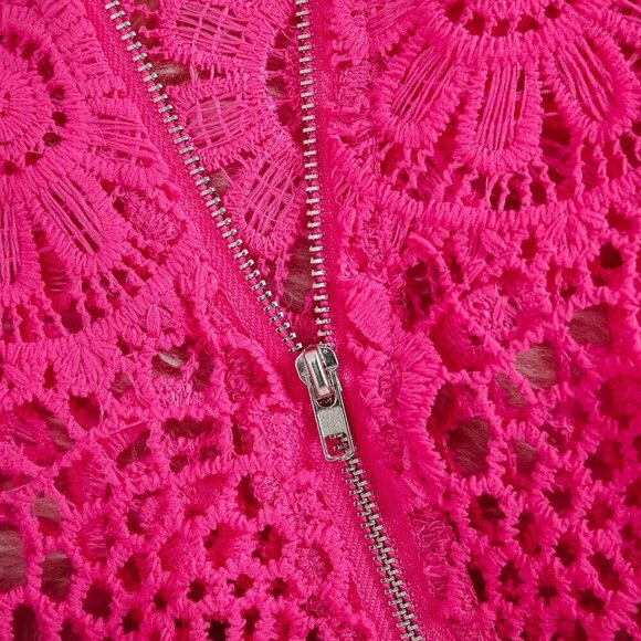 Hot Pink Elegant Women's Floral Lace Hollow Zipper Front Long Sleeve Blouse - Picture 6 of 6